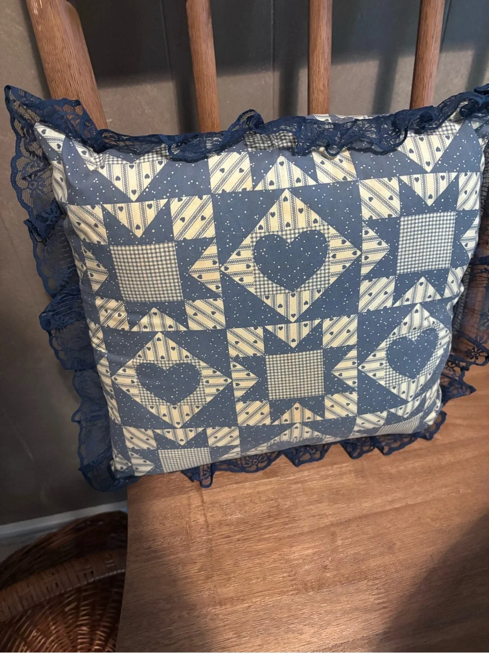 Blue & Cream Quilted Heart Patchwork Decorative Pillow - Home Bedding